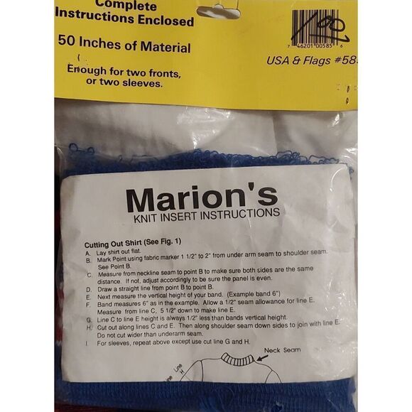 Marion's Knitted Inserts USA & Flags #585 red white blue 50" NOS - Picture 2 of 2